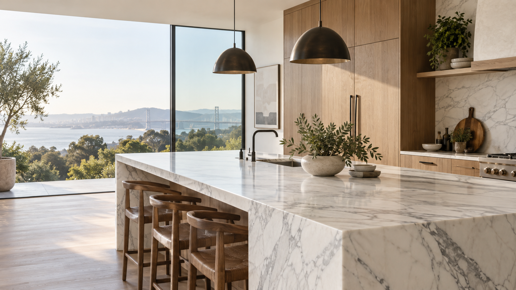 Kitchen interior with a natural stone island and oak cabinetry